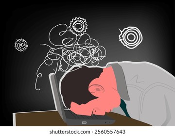 illustration of an employee or worker who is tired, dizzy from the work pressure he is experiencing, black background, white mesh