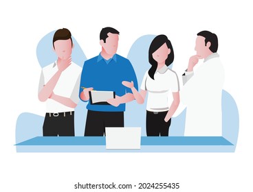 illustration of employees brainstorming together. web banner, marketing, business presentation, online ads. Vector flat illustration