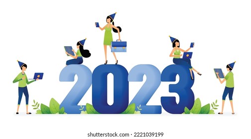 Illustration of employees and entrepreneurs welcoming new opportunities and goals at turn of year 2022 to 2023. Designed for website, landing page, flyer, banner, apps, brochure, startup media company