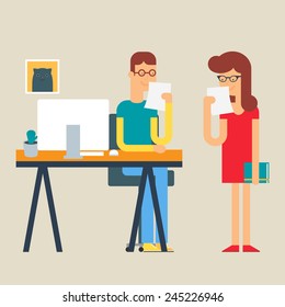 Illustration of employees working in the office, flat style 
