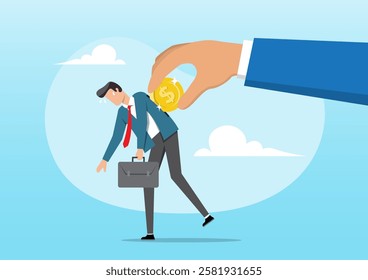 An illustration of an employer handing a coin to motivate a businessman office employee. Bonus, benefit or incentive program to motivate exhausted employees; support or reward for hard work concept