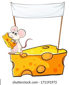 Illustration of an empty banner above the cheese with a mouse on a white background