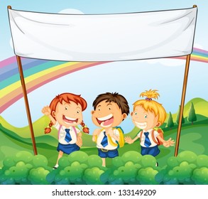 Illustration of an empty banner above the three young students