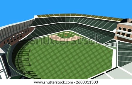 Illustration of an empty baseball stadium with green field and surrounding stands under a clear blue sky.