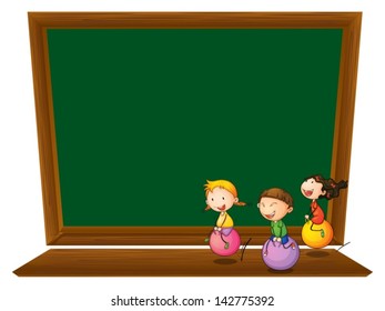 Illustration of an empty blackboard with three playful kids on a white background