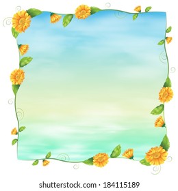 Ilustración de una plantilla azul vacía con flores amarillas sobre un fondo blanco