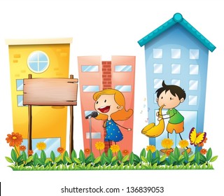 Ilustración de un tablero vacío frente a los altos edificios de fondo blanco