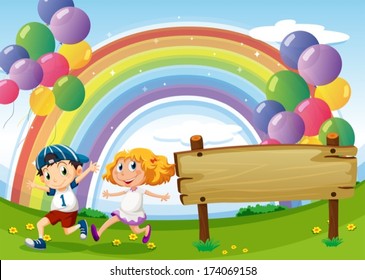 Illustration of an empty board and two kids playing below the floating balloons and rainbow