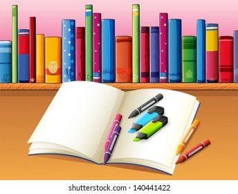 Illustration of an empty book with coloring materials in front of a wooden shelf with books