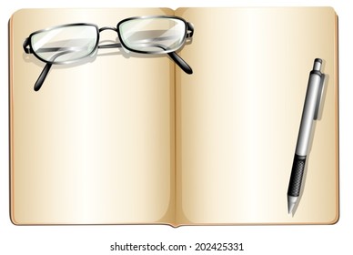 Illustration of an empty book with an eyeglass and a ballpen on a white background
