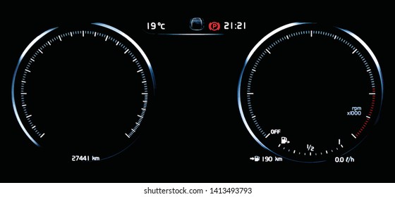 Illustration of empty car dashboard panel concept. Modern car digital LCD instrument cluster without gauge needles and digits. Two blank speedometer and tachometer circle dials.