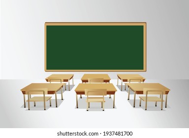 illustration of an empty classroom without students due to restrictions on educational activities in the era of the corona virus pandemic in Indonesia. Blackboard and student chairs in school - Shutterstock ID 1937481700