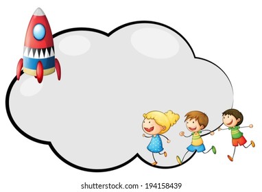 Illustration einer leeren Cloud-Vorlage mit Kindern und einer Rakete auf weißem Hintergrund