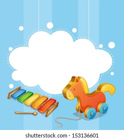 Illustration of an empty cloud template with a toy horse and a xylophone