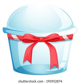 Illustration of an empty disposable container with a red ribbon on a white background