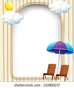 Illustration of an empty entrance template with a beach umbrella and chairs