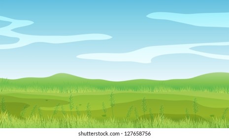 Ilustración de un campo vacío bajo un cielo azul claro