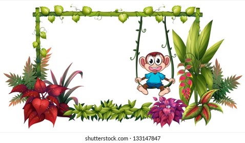 Illustration of an empty frame made of bamboo with a monkey on a white background