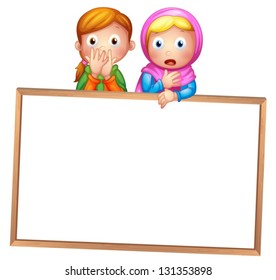 Illustration of an empty framed white board with two girls on a white background