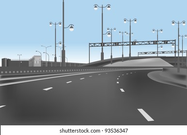 illustration with empty highway and street lamps