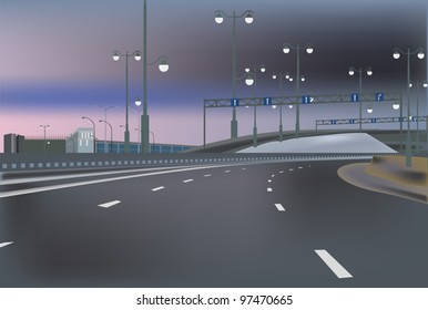 illustration with empty highway and street lamps