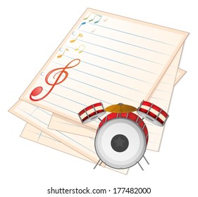 Illustration of an empty music paper with a drum on a white background