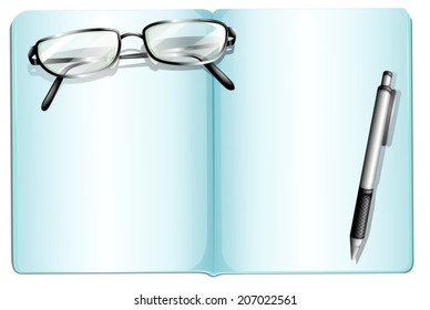 Illustration of an empty notebook with an eyeglass and a pen on a white background