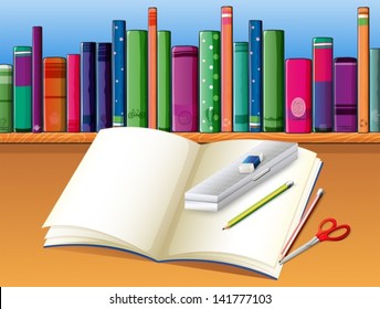 Illustration of an empty notebook in front of the wooden shelf with books