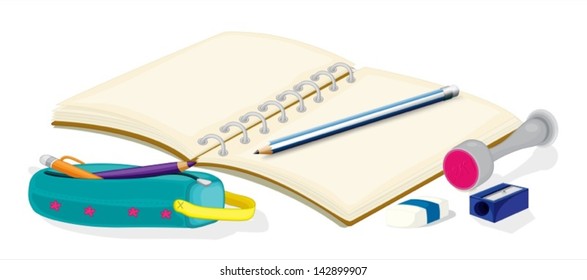 Illustration of an empty notebook, pencils, a pencil case, an eraser and a sharpener on a white background