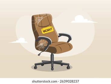 An illustration of an empty office chair with spiderwebs and a “Vacant” sign hanging from the backrest, symbolizing job vacancies and hiring challenges