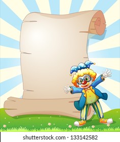 Illustration of an empty paper at the back of a male clown