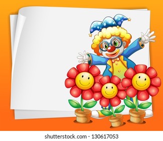 Illustration of an empty paper with a clown and pots of flowers