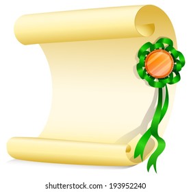 Illustration of an empty paper with a green ribbon on a white background