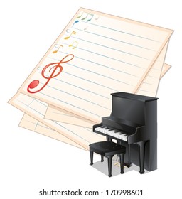 Illustration of an empty paper with musical notes beside a piano on a white background