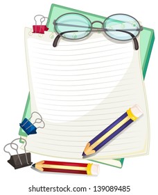 Illustration of an empty paper with pencils and paper clips on a white background