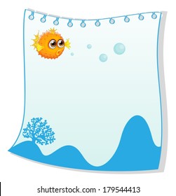 Illustration of an empty paper template with a puffer fish on a white background