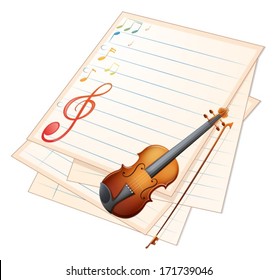 Illustration of an empty paper with a violin and musical notes on a white background