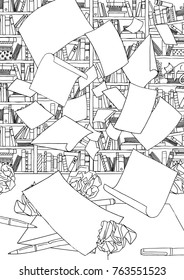 Illustration of empty papers, flying through the air in front of an office bookshelf and desk with crumpled paper. Black and white illustration suitable as colouring book page