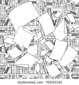 Illustration Of Empty Papers, Flying Through The Air In Front Of An Office Bookshelf. Black And White Illustration Suitable As Colouring Book Page