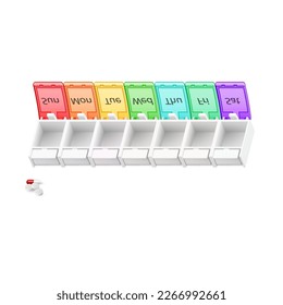 Ilustración del organizador de farmacias plásticas vacías para píldoras por cada día de la semana sobre fondo blanco. Un dispensador semanal de medicamentos