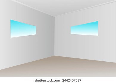 ilustración de una habitación vacía con una vista en perspectiva de cielo azul