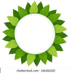 Illustration of an empty round template surrounded with green leaves on a white background 
