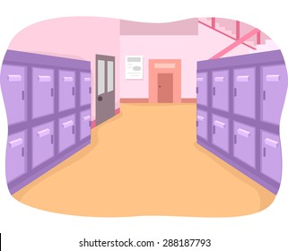 Illustration of an Empty School Hallway Painted in Bright Colors