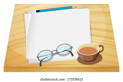 Ilustración de las hojas vacías de papel sobre la mesa de madera sobre un fondo blanco