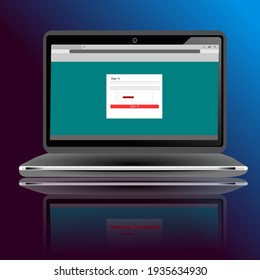 Illustration of a empty sign in web page of a popular stock photography website, Laptop with login form and sign in button.