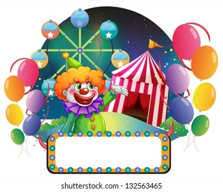 Ilustración de una señal vacía frente a un payaso gracioso de fondo blanco