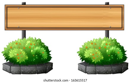 Illustration of an empty signboard above the plants on a white background