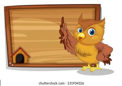 Illustration of an empty signboard at the back of an owl on a white background