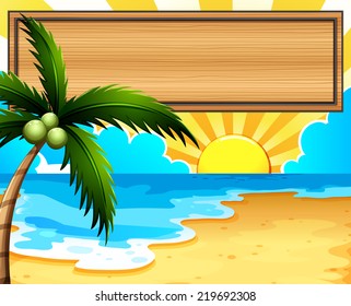 Ilustración de un cartel vacío en la playa con un cocotero