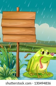 Illustration of an empty signboard and a frog under the rain